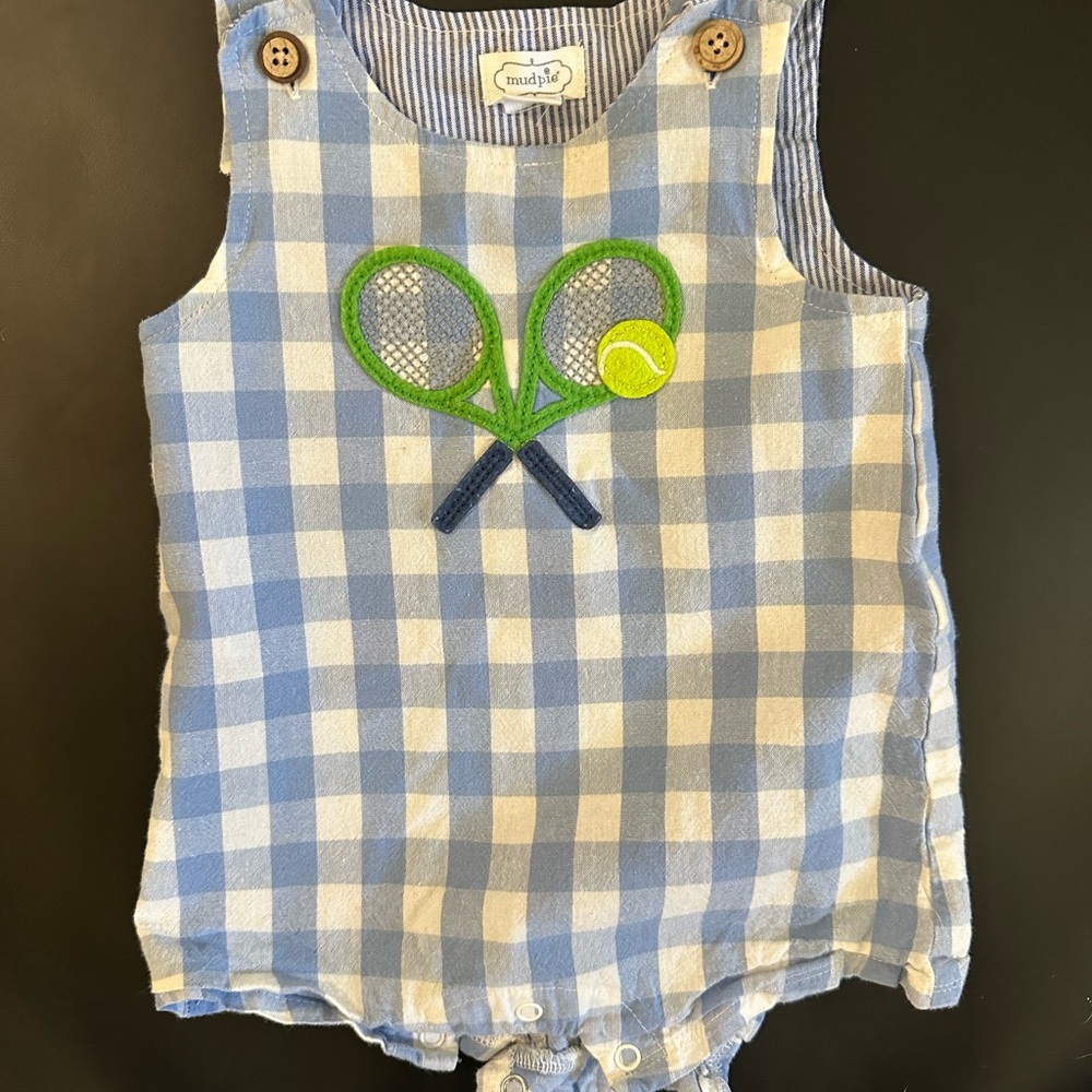 Mudpie and White Checkered Baby Romper with Tennis Design